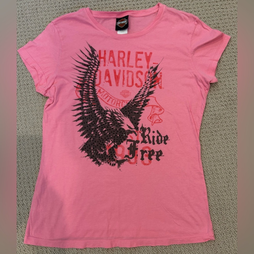 Harley-Davidson Pink w/Black Sparkles Short Sleeve Tee Shirt, Size L